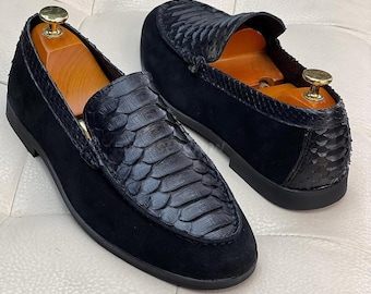 Genuine Black Python Skin Slip on Shoes mix Suede | Gala Party shoes