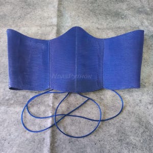 Könnte beinhalten: Ein kobaltblaues Korsett mit einer strukturierten, reptilienartigen Musterung. Das Korsett hat eine geschwungene Form und ist mit einer passenden blauen Kordel geschnürt. Der Text "NDASPYTHON" ist sichtbar.