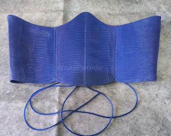 Ceinture corset en cuir de python : serre-taille à lacets en lézard bleu et peau de serpent rouge