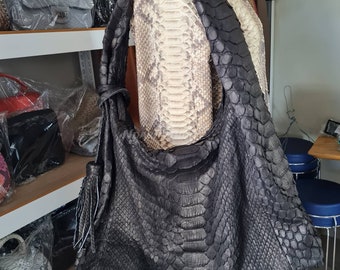 Bolso de mano con asa superior de pitón auténtico exótico blanco y negro con diseño de dragón / Bolso de mano de piel de serpiente real / Bolso de mano de pitón auténtico / Piel de serpiente auténtica