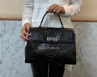 70%-off for Bulk Order, DM! Black Genuine Python Top Handle Bag, Snake Skin Handbag, Exotic Leather, Luxury Handbag