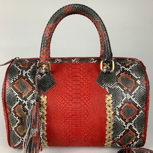 16in Red Genuine Python Top Handle Bag, Snake Skin Handbag, Exotic Leather, Luxury Handbag