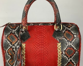 16in Red Genuine Python Top Handle Bag, Snake Skin Handbag, Exotic Leather, Luxury Handbag