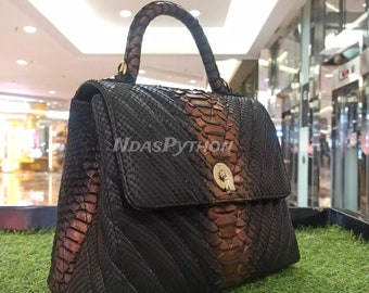 Black Python Top Handle Bag: Exotic Snake Skin Handbag