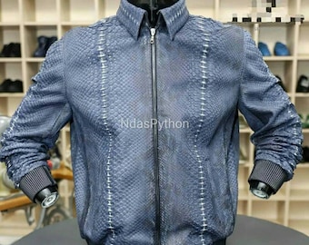 70%-off for Bulk Order, DM! Blue Exotic Genuine Python Jacket, Real Snake Skin, Snake Skin Jacket, , Jacket For Unisex