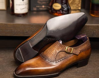 GenuineBrown Lizard Skin Old Money Slip on Shoes Mix Leather | Gala Party shoes