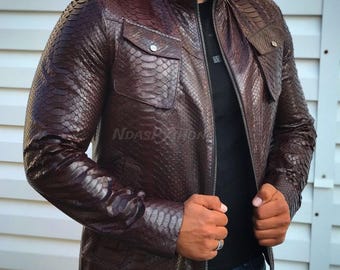 Maroon Genuine Python Jacket: Exotic Snake Skin, Unisex