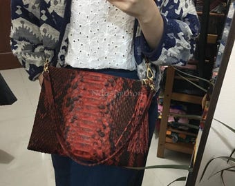 70%-off for Bulk Order, DM! Red Genuine Python Shoulder Bag | Natural Python Skin | Genuine Python Bag | Python Handbag
