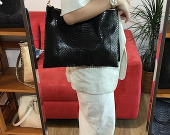 70%-off for Bulk Order, DM! Black Genuine Python Shoulder Bag | Natural Python Skin | Genuine Python Bag | Python Handbag