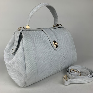 16in Gray Genuine Python Top Handle Bag, Snake Skin Handbag, Exotic Leather, Luxury Handbag