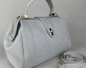 ¡70% de descuento en pedidos al por mayor, DM! Bolso de mano de piel de pitón genuina gris con asa superior, bolso de mano de piel de serpiente, cuero exótico, bolso de mano de lujo.