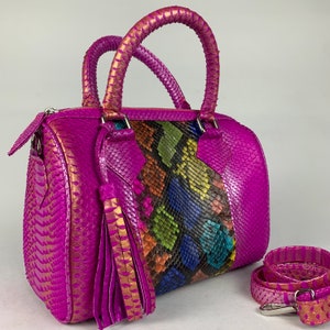 16inPink Genuine Python Top Handle Bag, Snake Skin Handbag, Exotic Leather, Luxury Handbag