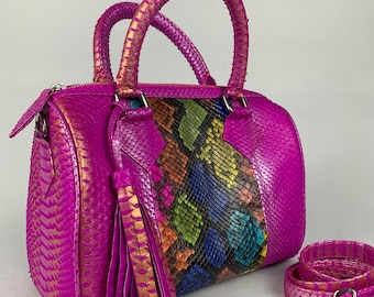 16inPink echte tas met handvat van python, handtas slangenleer, exotisch leer, luxe handtas