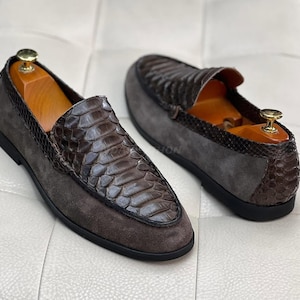 Genuine Dark Brown Python Skin Slip on Shoes mix Suede | Gala Party shoes