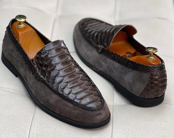 Genuine Dark Brown Python Skin Slip on Shoes mix Suede | Gala Party shoes