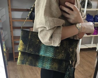 70%-off for Bulk Order, DM! Green Genuine Python Shoulder Bag | Natural Python Skin | Genuine Python Bag | Python Handbag