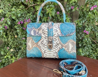 70 % de descuento en pedidos al por mayor, ¡envío directo! Bolso con asa superior de piel de pitón auténtica azul / Bolso con asa superior de piel de pitón auténtica / Bolso con asa superior de piel de serpiente auténtica / Bolso con asa superior de piel de serpiente