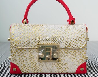 White and Red Genuine Lizard Top Handle Bag, Real Lizard Skin, Natural Lizard Skin, Genuine Lizard Bag, Lizard Handbag