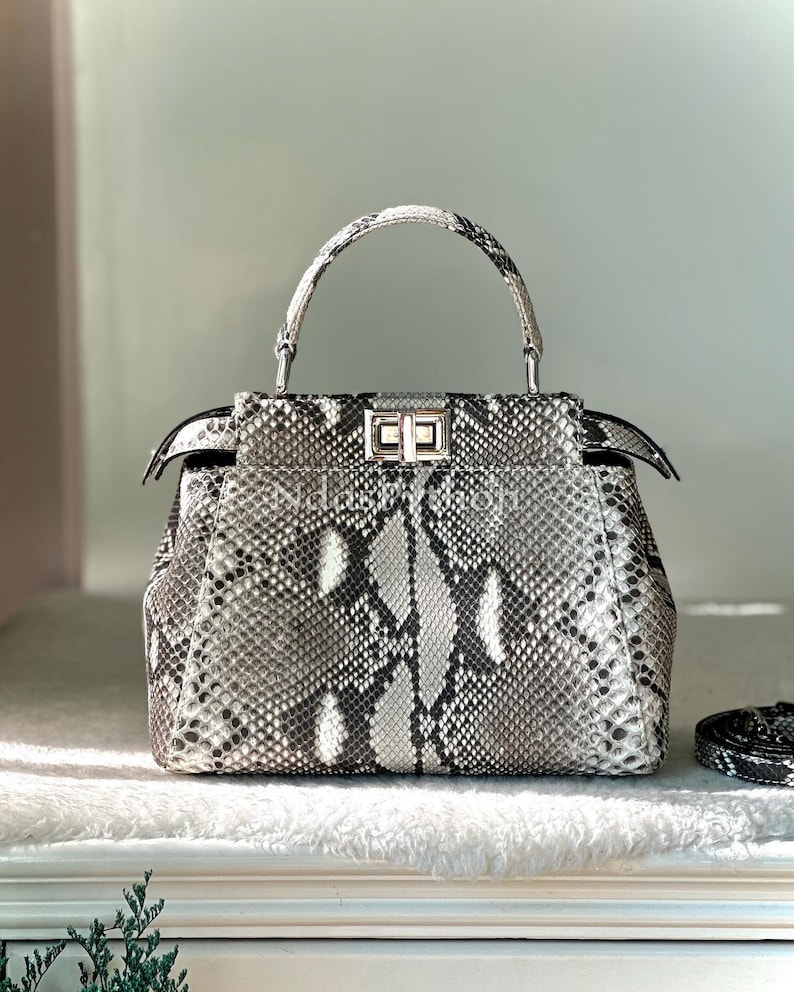 Gray Genuine Python Top Handle Bag, Real Snake Skin, Natural Python Skin, Genuine Python Bag