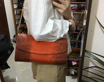Orange Genuine Lizard Shoulder Bag: Real Lizard Skin Handbag