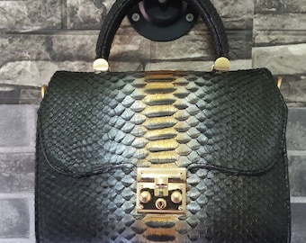 Genuine Python Top Handle Bag: Black & Gold Exotic Leather Handbag