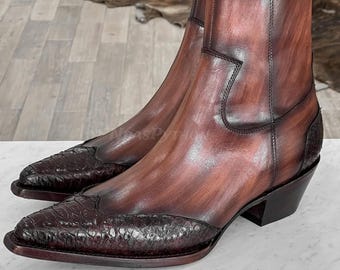 70%-off for Bulk Order, DM! Dark Brown Python Skin Boots mix Leather