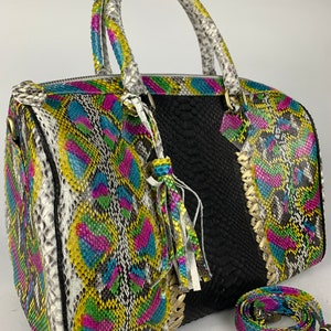 19in  Multicolor Genuine Python Top Handle Bag, Snake Skin Handbag, Exotic Leather, Luxury Handbag, Summer Handbag