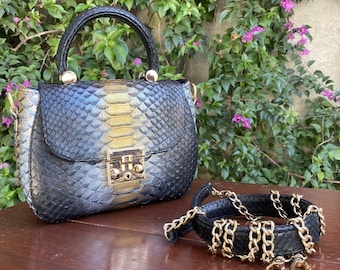 MOQ. 50 piezas 70% de descuento DM! Bolso con asa superior de piel de pitón auténtica negra / Bolso con asa superior de piel de pitón auténtica / Bolso con asa superior de piel de serpiente auténtica / Bolso con asa superior de piel de serpiente
