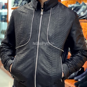 70%-off for Bulk Order, DM! Black Exotic Genuine Python Jacket, Real Snake Skin, Snake Skin Jacket, , Jacket For Unisex