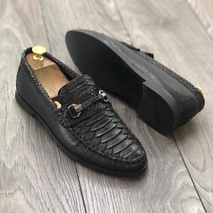 Elegant Black Python Skin Mocassin | American Moccasin Shoes