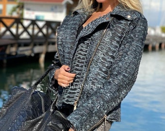 70%-off for Bulk Order, DM! Dragon Gray Exotic Genuine Python Jacket | Real King Snake Skin | Snake Skin Jacket |  | Jacket For Unisex