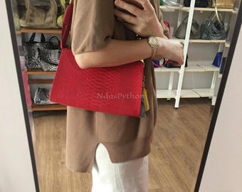 70%-off for Bulk Order, DM! Red Genuine Python Shoulder Bag | Natural Python Skin | Genuine Python Bag | Python Handbag