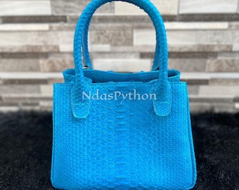 70%-off for Bulk Order, DM! Blue Genuine Python Top Handle Bag, Real Snake Skin, Natural Python Skin, Genuine Python Bag, Python Handbag