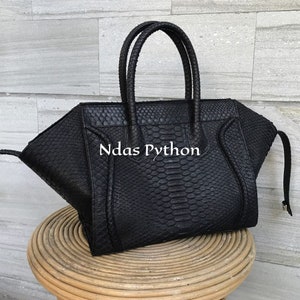 19in (top) Black Genuine Python Top Handle Bag, Snake Skin Handbag, Exotic Leather, Luxury Handbag