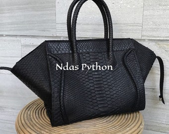 19 in (oben) schwarze echte Python-Top-Griff-Tasche, Schlangen-Haut-Handtasche, exotisches Leder, Luxushandtasche