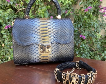 MOQ. 50 piezas 70% de descuento DM! Bolso con asa superior de piel de pitón auténtica negra / Bolso con asa superior de piel de pitón auténtica / Bolso con asa superior de piel de serpiente auténtica / Bolso con asa superior de piel de serpiente