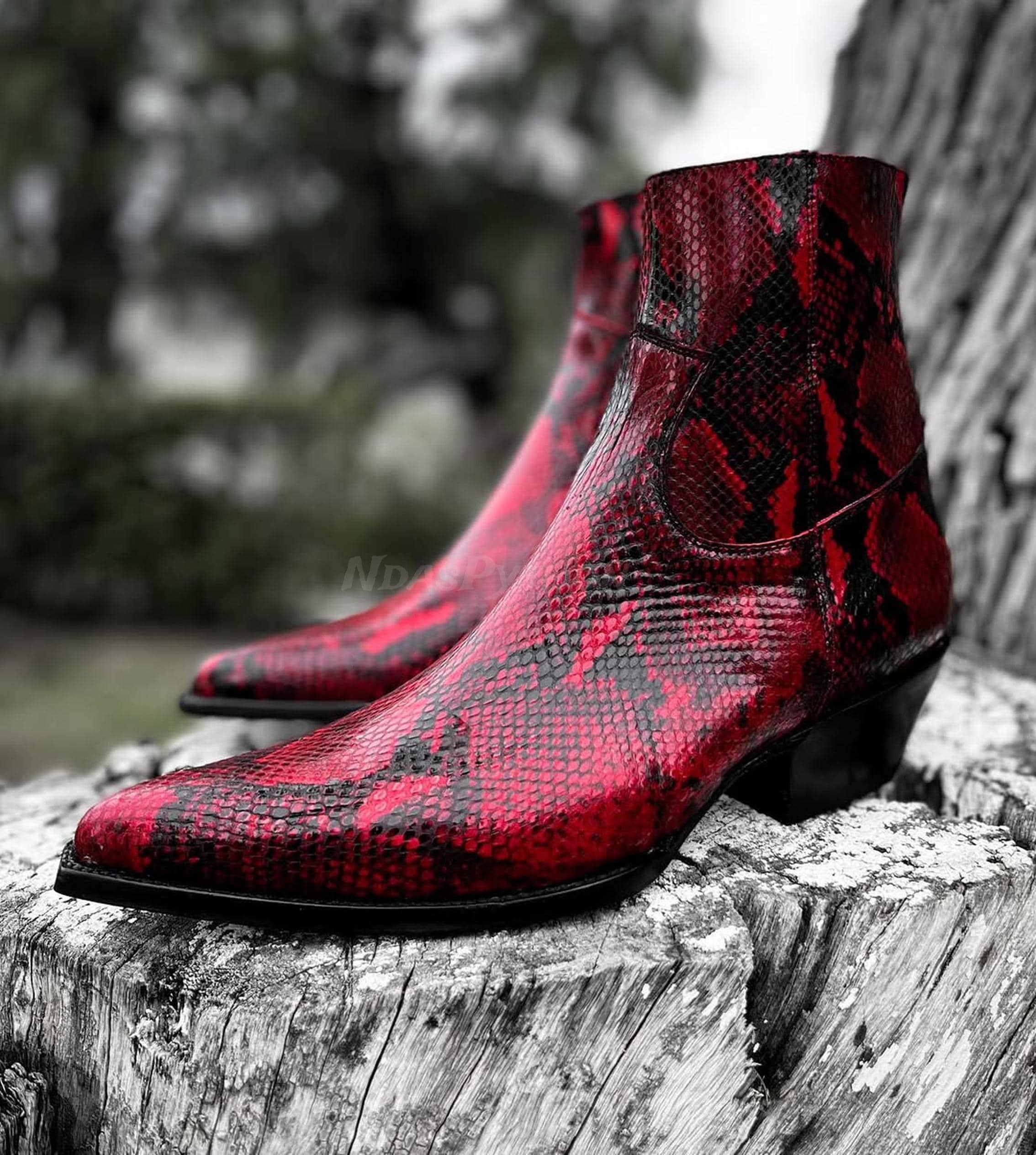 Wide Fit Red Snake Print Ankle Boots Cowboy Boots Women Snake