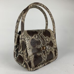 May include: A snakeskin handbag with a structured design. The bag features a flap closure with a gold-tone clasp and two rounded handles. The snakeskin pattern includes shades of brown, grey, and cream.