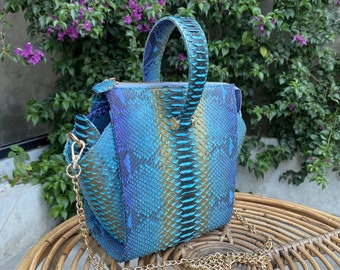 Impresionante bolso de mano de piel de pitón auténtica azul con asa superior / bolso de mano de piel de pitón auténtica con asa superior / piel de serpiente auténtica / bolso de mano de piel de serpiente con asa superior