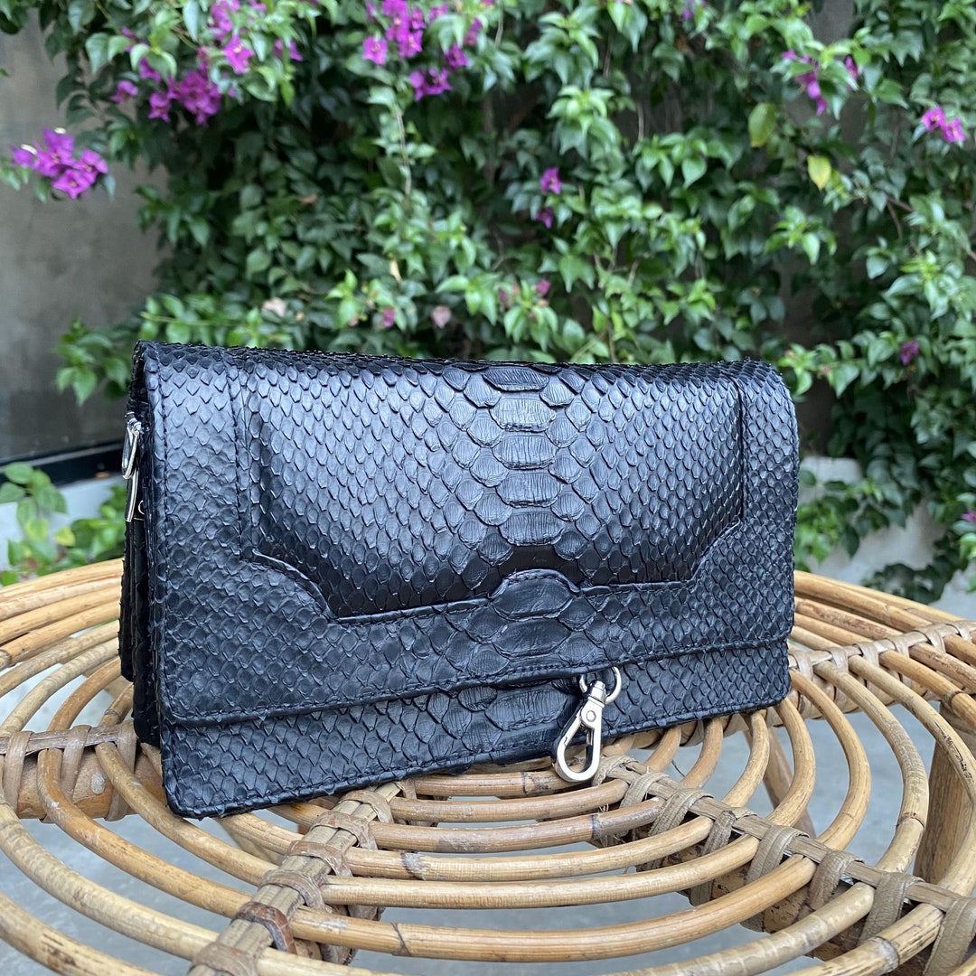 Black Genuine Python Shoulder Bag Real Snake Skin Natural Python Skin