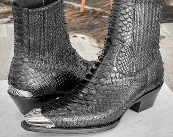 70%-off for Bulk Order, DM! Real Black Python Skin Boots with Metal Handcarved