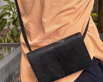 Black Genuine Lizard Shoulder Bag: Real Lizard Skin Handbag