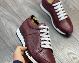 Genuine Maroon Python Skin Tie Sneakers