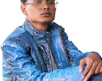 Blue Genuine Python Jacket: Exotic Snake Skin Unisex Outerwear