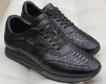 Genuine Black Python Skin Tie Sneakers Shoes