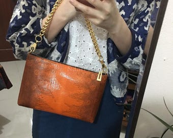 Orange Genuine Lizard Shoulder Bag: Real Lizard Skin Handbag