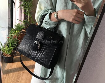 ¡70% de descuento en pedidos al por mayor, DM! Bolso de mano de pitón auténtico negro con asa superior, piel de serpiente auténtica, piel de pitón natural, bolso de mano de pitón auténtico.