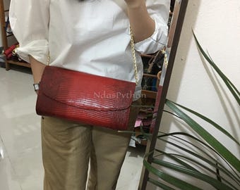 Red Genuine Lizard Shoulder Bag: Real Lizard Skin Handbag