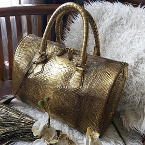 18in Gold Genuine Python Top Handle Bag, Snake Skin Handbag, Exotic Leather, Luxury Handbag
