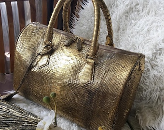 18in Gold Genuine Python Top Handle Bag, Snake Skin Handbag, Exotic Leather, Luxury Handbag